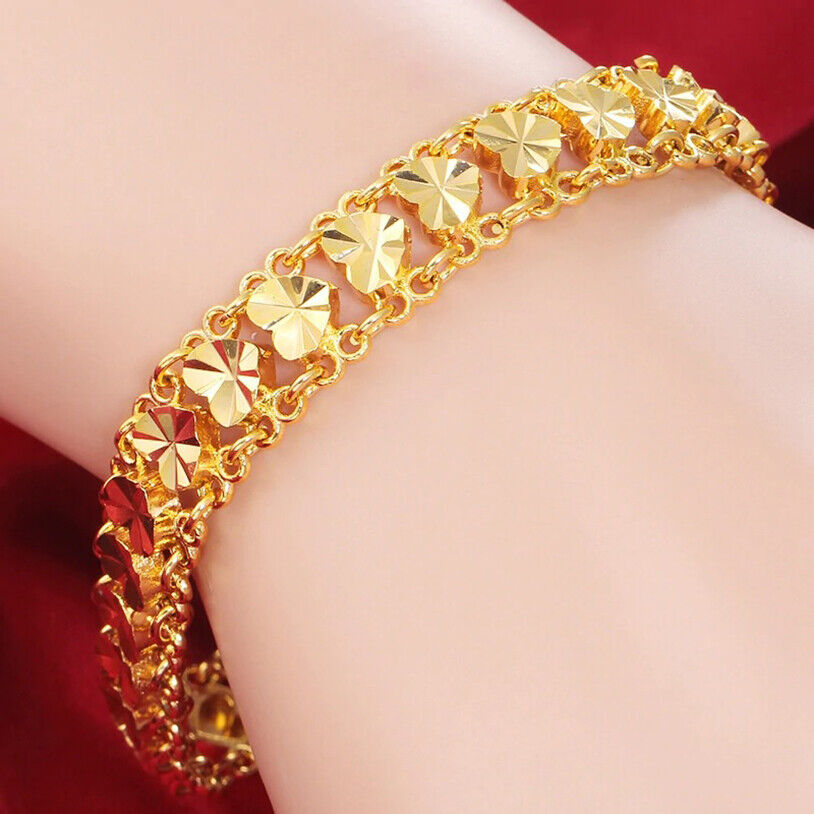 24k Yellow Gold Womens Small 7.5" Linked Hearts Chain Bracelet w Gift Pkg D741
