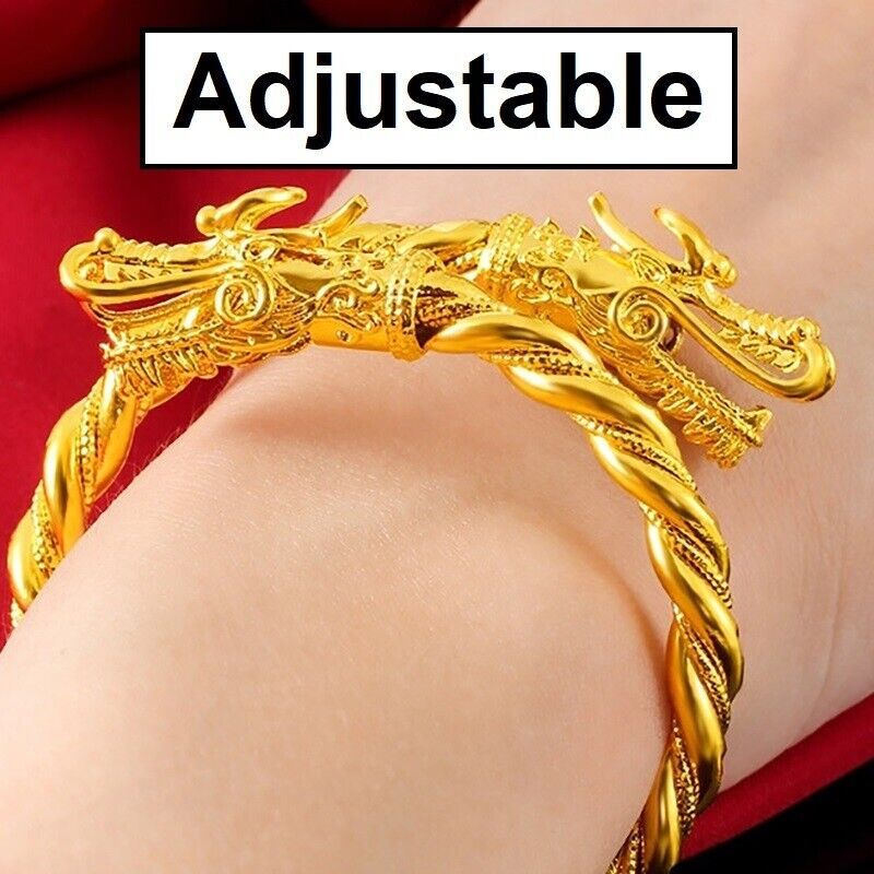 18k Gold Adjustable Bold Dragon Men's Women's Bracelet w Gift Pkg D796