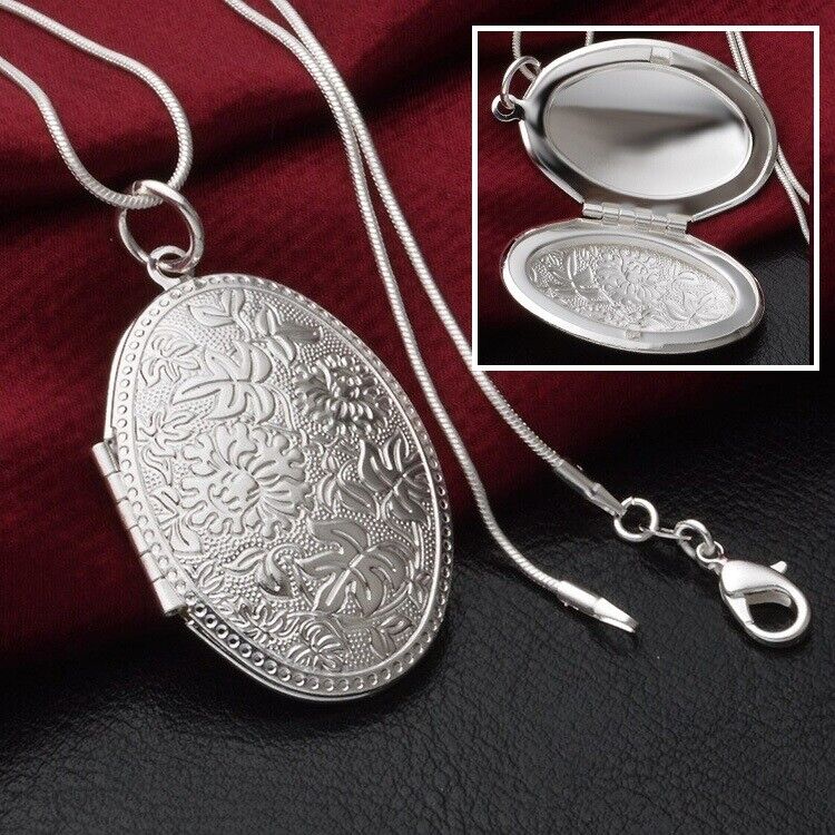 925 Sterling Silver Womens Snake Chain Necklace And Photo Locket GiftPg D873
