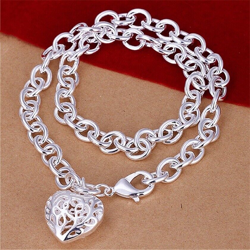 925 Sterling Silver Women's Link Chain Necklace And Heart Pendnat w GiftPk D739B