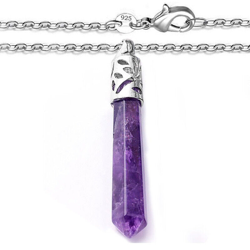 925 Sterling Silver Womens Chain 24" Necklace Amethyst Gemstone Pendant D839
