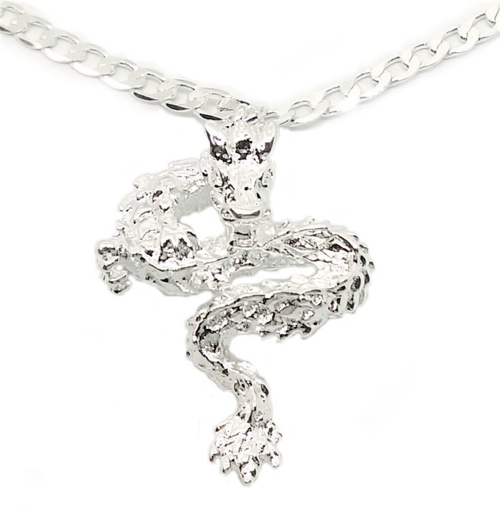 925 Sterling Silver 20" Womens Mens Necklace And Elegant Dragon Pendant D507A