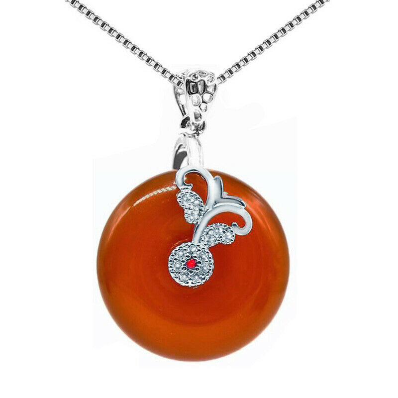 Womens 925 Silver Red Jade Donut Heart Butterfly Pendant 18" Necklace D982