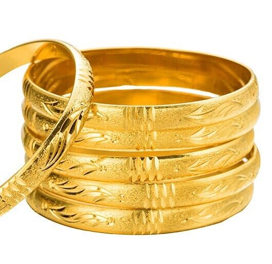 2 Pc Set 18k Yellow Gold Small 7" Womens Bracelets Bangles Italian Cut D245
