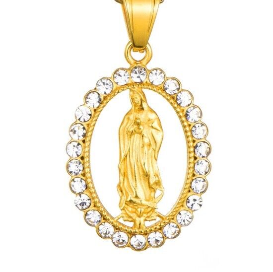 18k Yellow Gold Virgin Mary Señora Guadalupe Figaro Link Chain Necklace D651