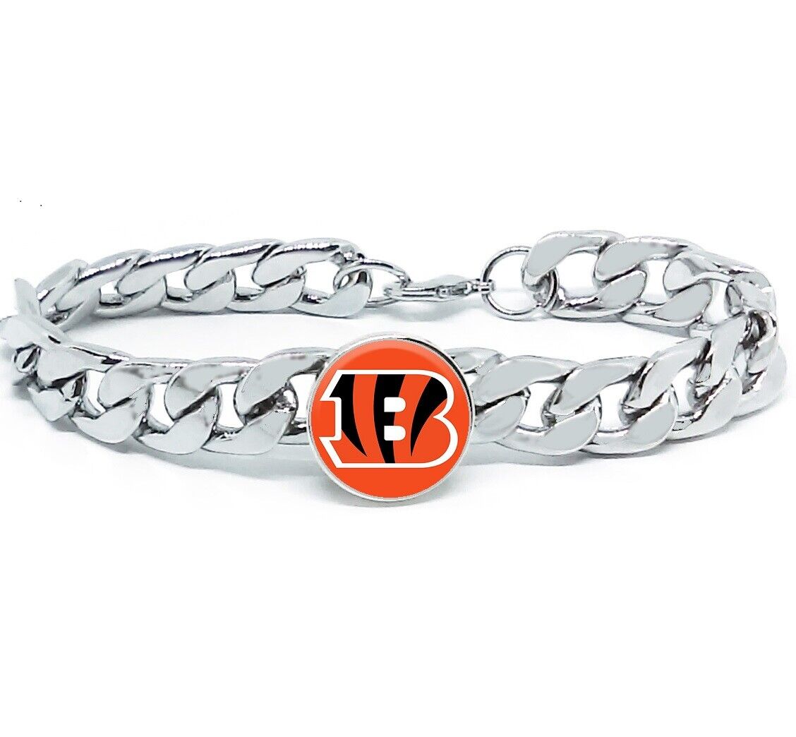 Cincinnati Bengals Silver Mens Curb Link Chain Bracelet Football Gift D4