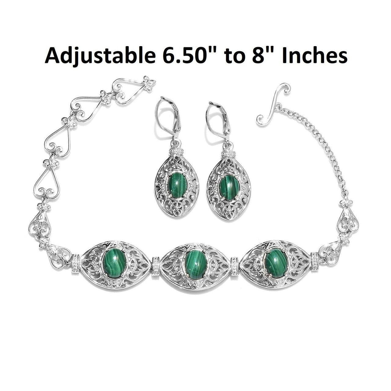 12.10 ctw African Malachite Bracelet and Lever Back Earrings, Platinum On Brass