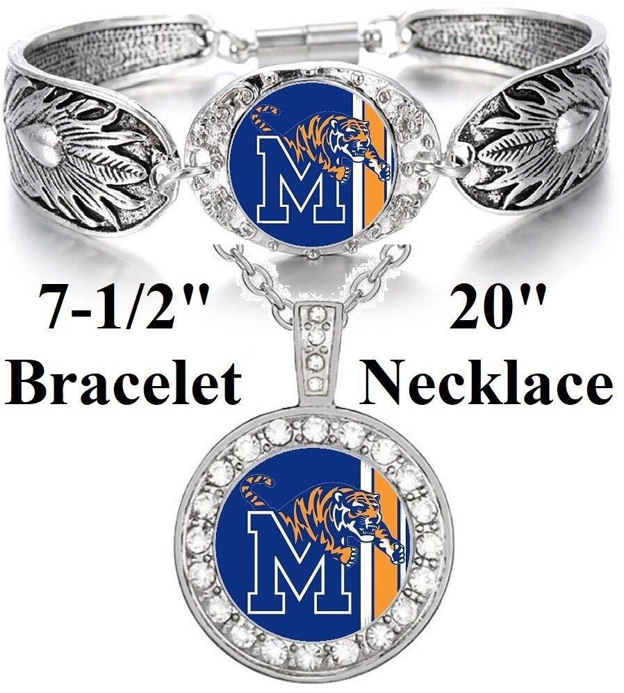 Memphis Tigers Womens 925 Sterling Silver Necklace Bracelet 2 Pc Gift Set D3D18