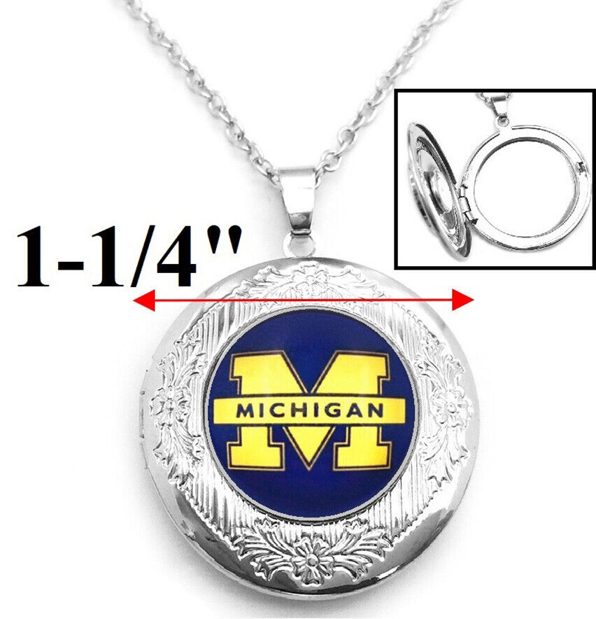 University Michigan Women Sterling Silver Link Chain Necklace Locket Jewelry D16