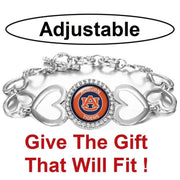 Auburn Tigers Tide Womens Silver Heart Link Adjust. Bracelet W Gift Pkg D27