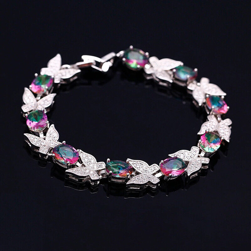 925 Sterling Silver Womens 7" Inlaid Butterfly Rainbow Tennis Bracelet D715C