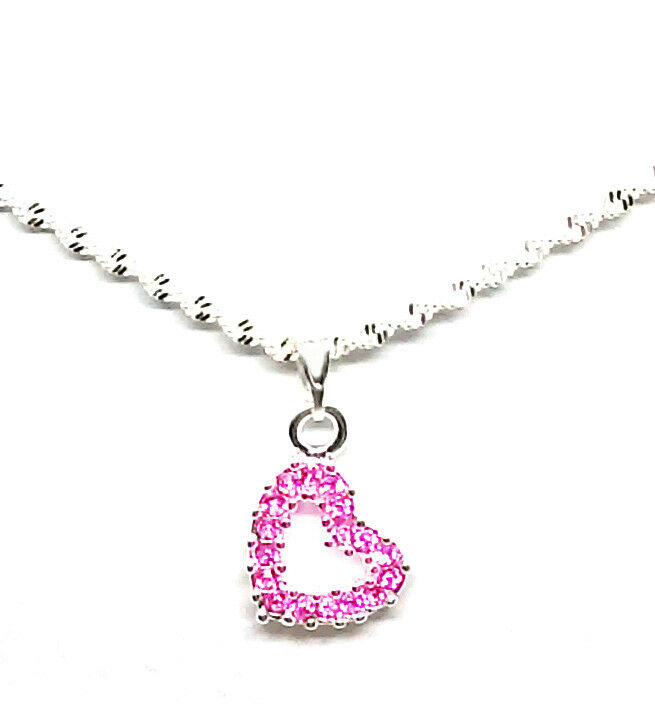 925 Sterling Silver Women's Link Chain 20" Necklace Pink Crystal Heart + GiftPkg