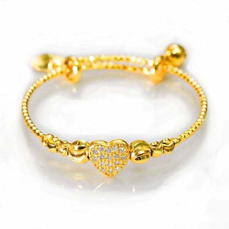 24k Yellow Gold Women Adjustable Chain 7" to 8" Heart Charm Bracelet Bangle D920