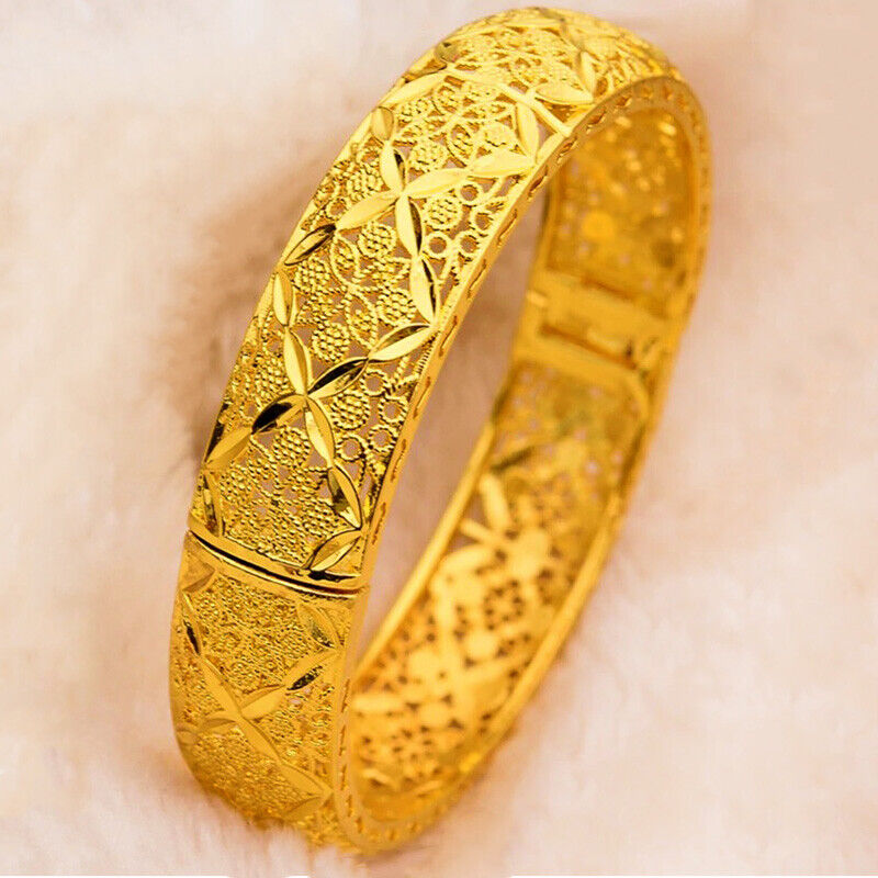 24k Yellow Gold Women's 16mm Flower Leaf Bracelet Bangle w Gift Pkg D793