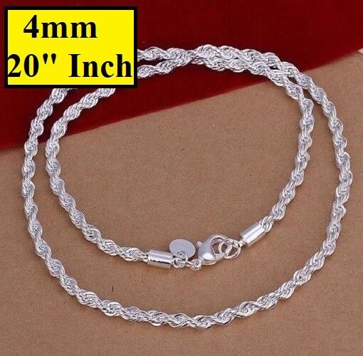 925 Sterling Silver Women's Rope Wide 4mm 20" Necklace w Gift Pouch D184