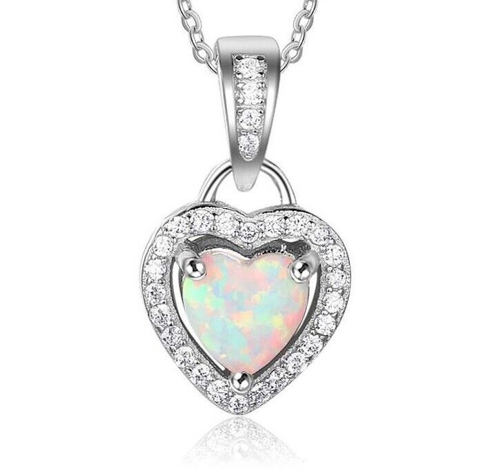 925 Sterling Silver Fire Opal Heart 18" Link Chain Necklace Womens wGiftPkg D681