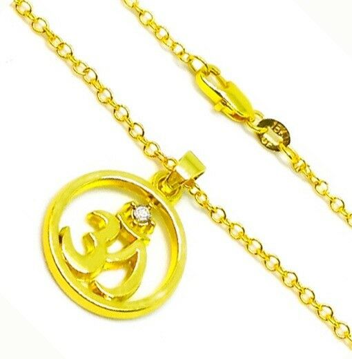 18k Yellow Gold Women's Link Chain 20" Necklace And Crystal Yoga Pendant