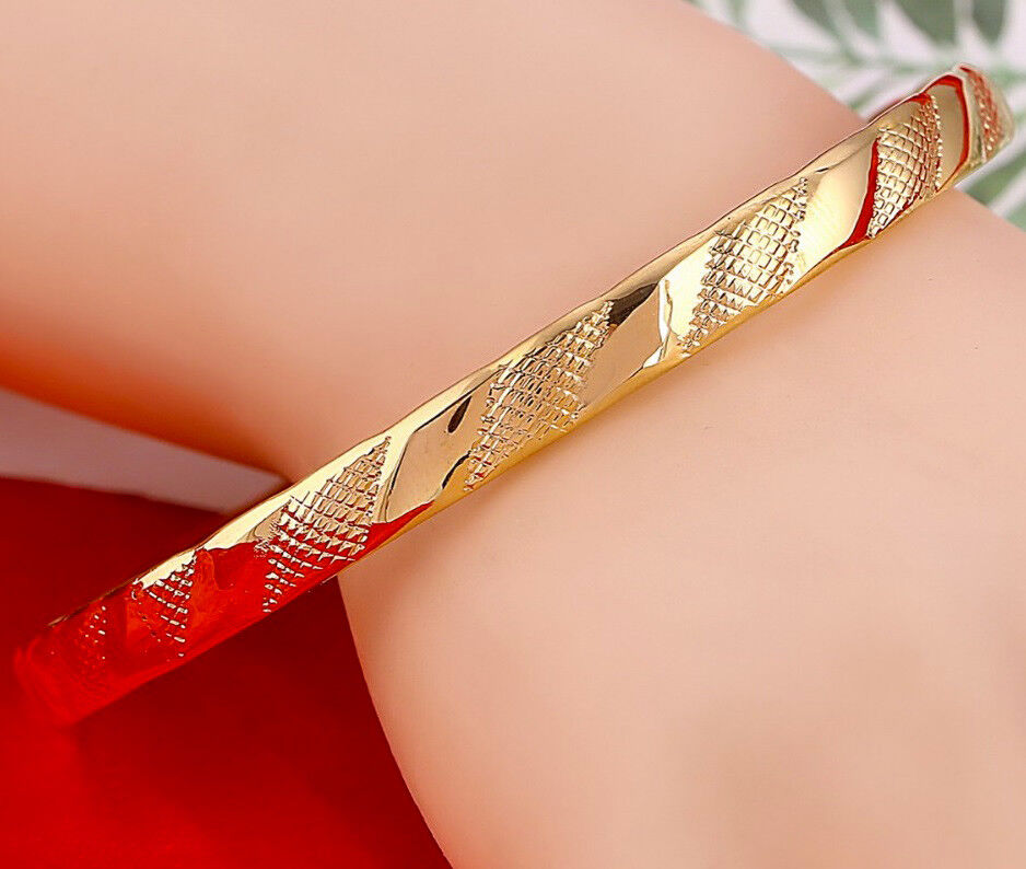 18k Gold Bracelets Bangle Womens Slip on Swirl Cut Style +GiftPouch D41672