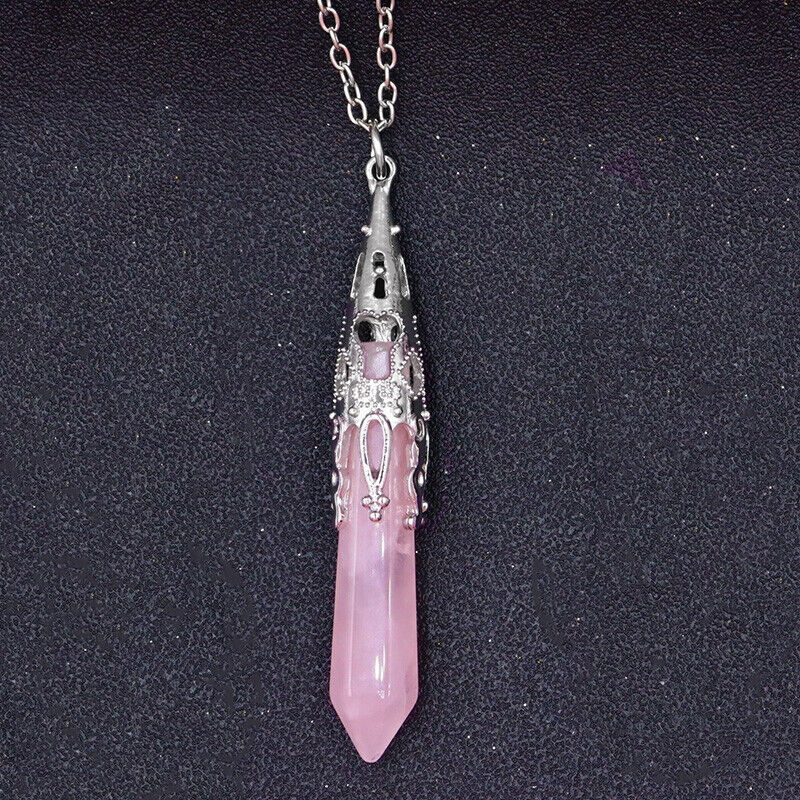 925 Sterling Silver Chain Necklace Nat. Rose Quartz CHAKRAS Crystal Pendant D845