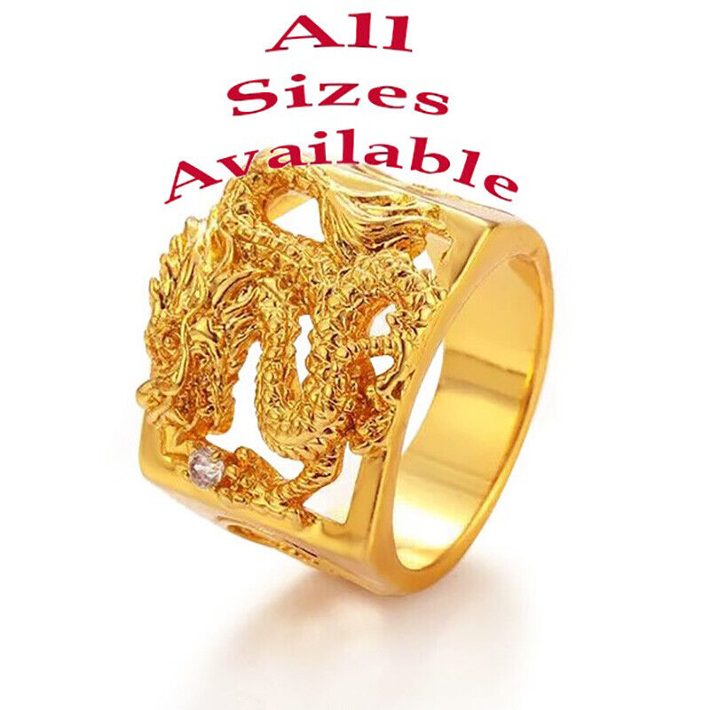 24K Yellow Gold Dragon Ring Men's Womens Crystal Accent D557