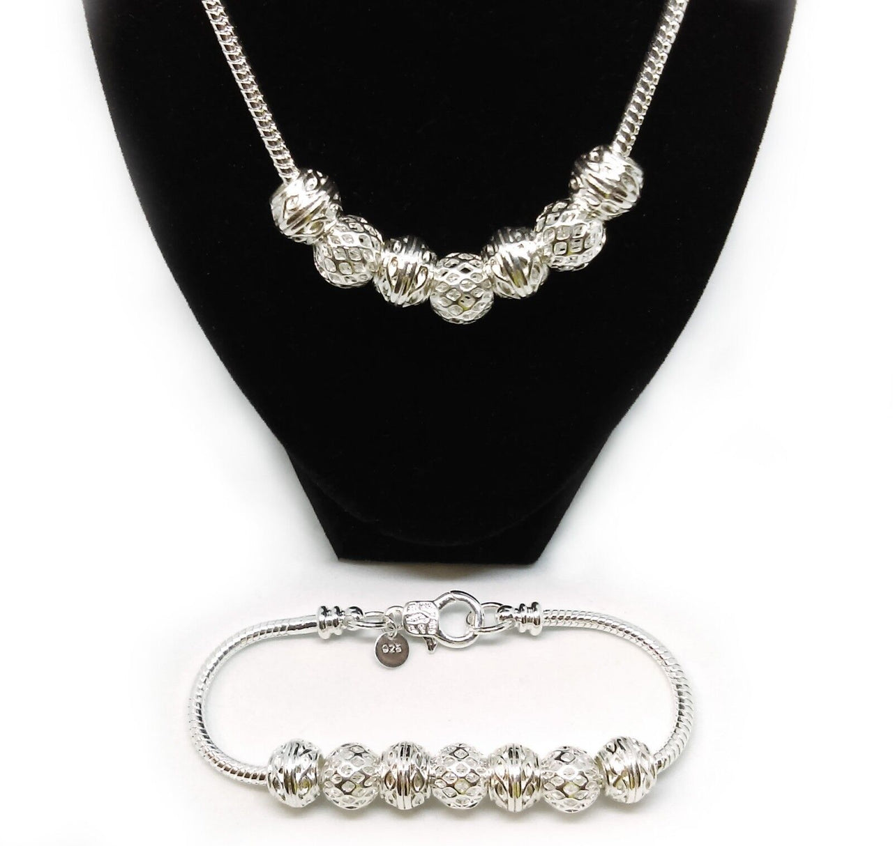 925 Sterling Silver Snake Chain 20" Necklace With Beaded Bracelet