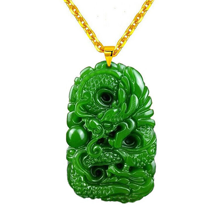 18K Gold Natural Burmese Grade A Jadeite Jade Dragon Pendant Necklace D887