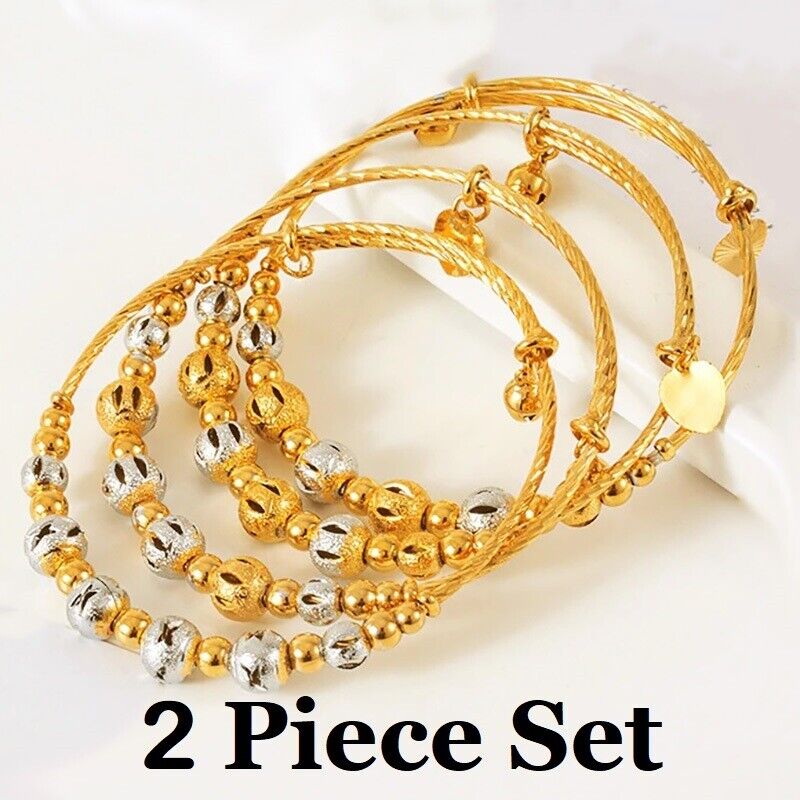 2 PcSet 18k Yellow Gold Adjustable Heart Bell Beads Bracelets Bangles D734