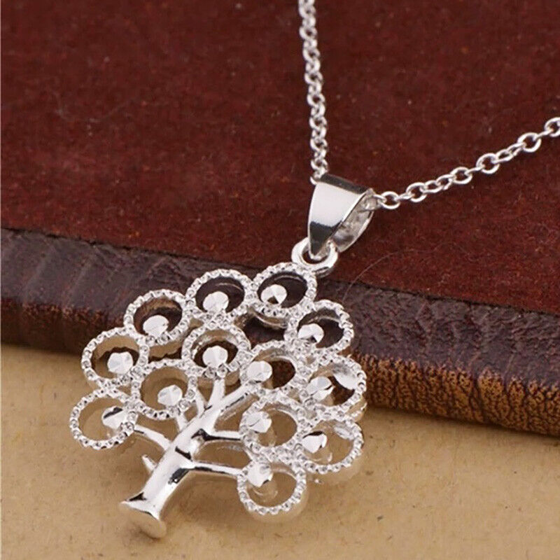 925 Sterling Silver Women's Link Chain 24" Necklace With Tree Life Pendant D614