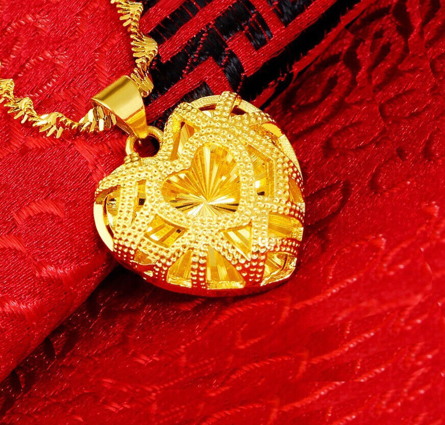 18k Yellow Gold Womens Heart Pendant With 30" Link Chain Necklace w Gift Pk D740