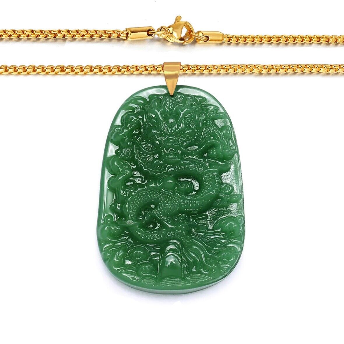 18K Gold 24" Natural Burmese Grade A Jadeite Jade Dragon Pendant Necklace