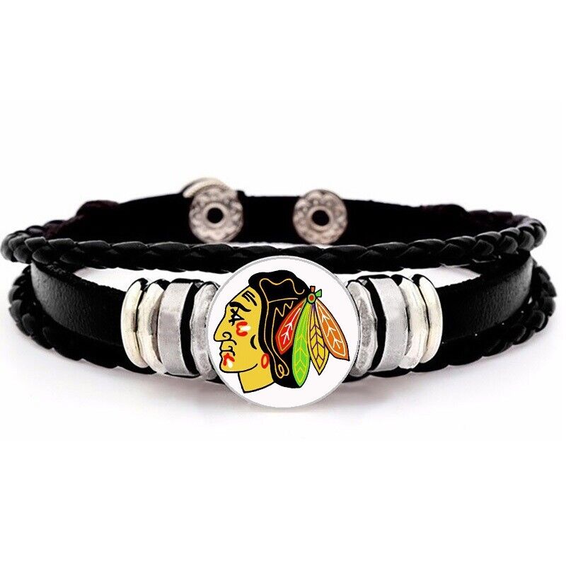 Chicago Blackhawks Hockey Mens Womens Black Leather Bracelet Boys Girls Gift D14