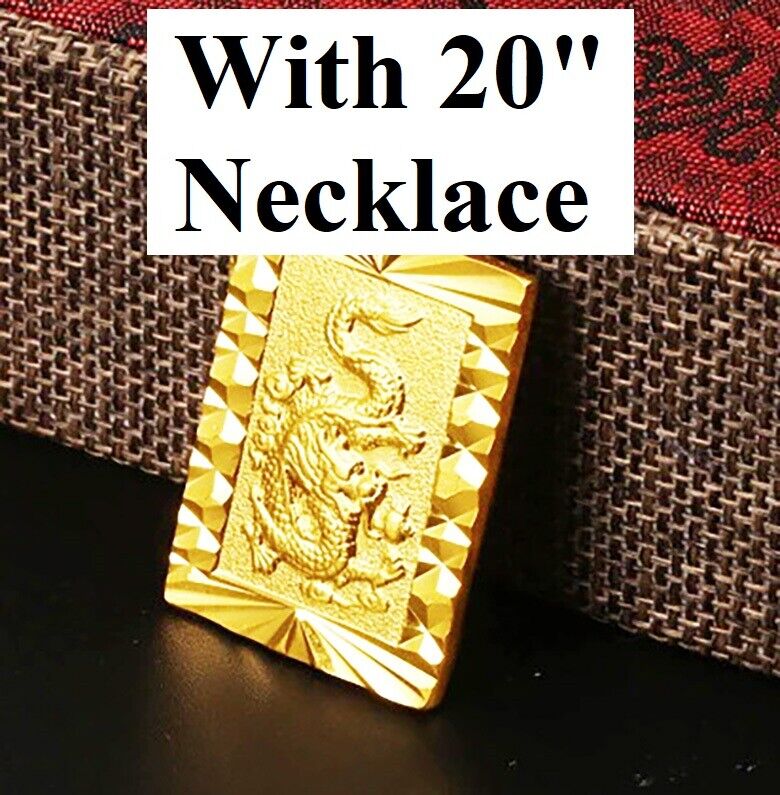 24k Yellow Gold Dragon Pendant With 20" Rolo Chain Link Necklace w GiftPKG D451R