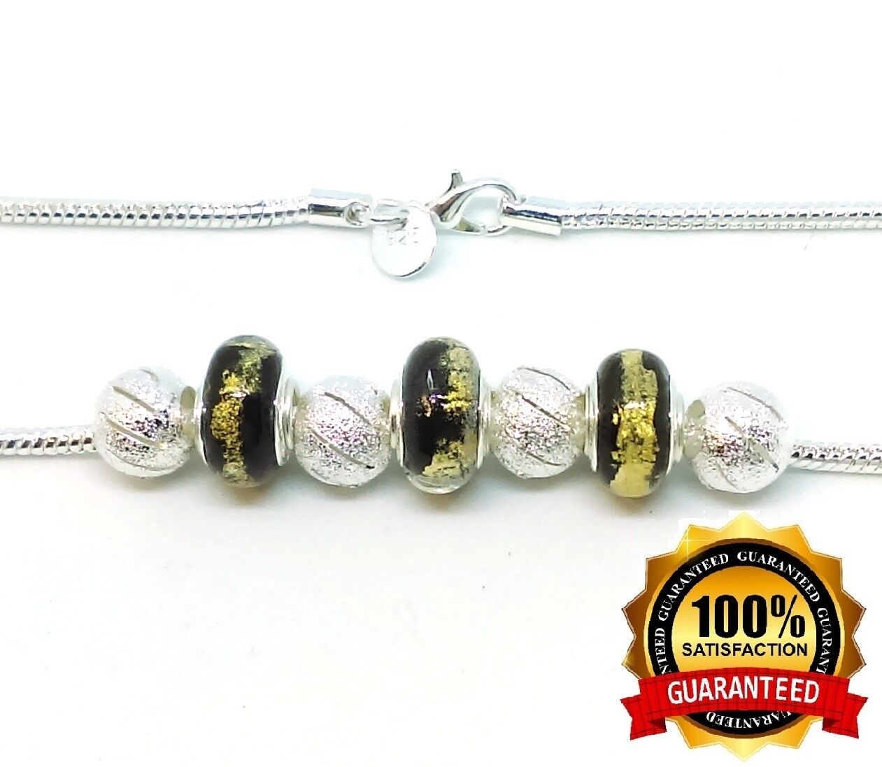 Mother's Day 925 Sterling Silver Murano Sterling Beads Chain Necklace +GiftPkg