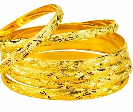 2 Pc Set 18k Yellow Gold Womens Slip On Italian Cut Bangle Bracelet D416-8