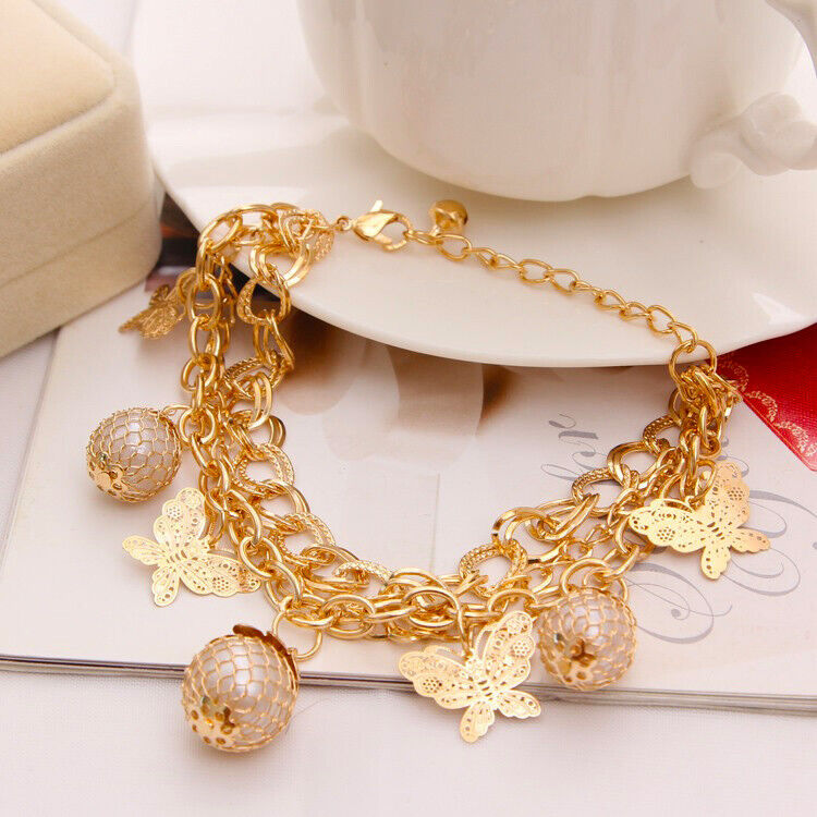18k Gold Women's Chain Anklet Ankle Bracelet Butterfly With Multi Layers D610G