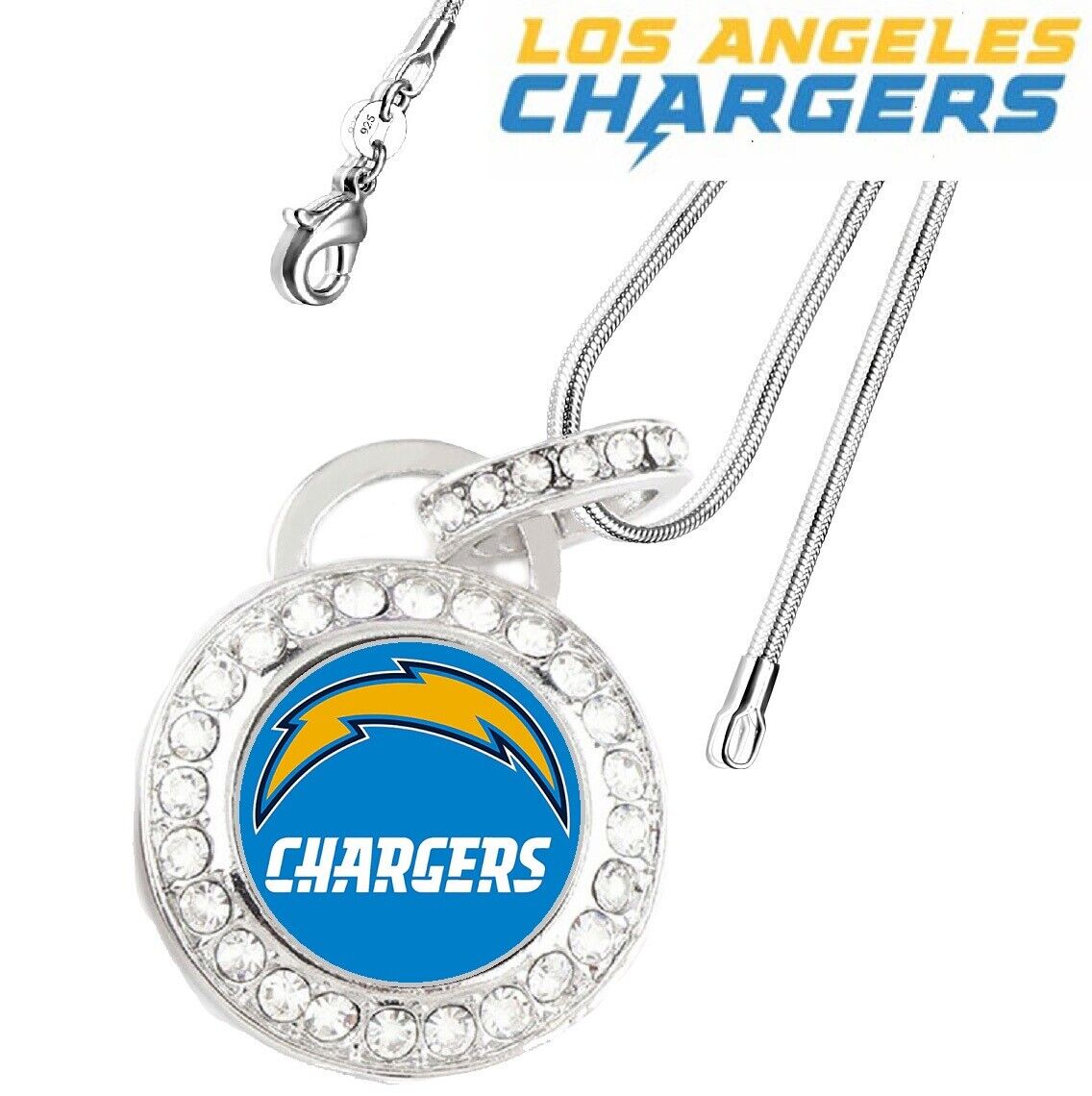 Los Angeles Chargers Sterling Silver Womens Link Chain Necklace Crystal Pend D17