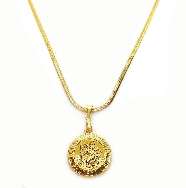 18k Yellow Gold Snake Chain Link Necklace And Saint Christopher Pendant