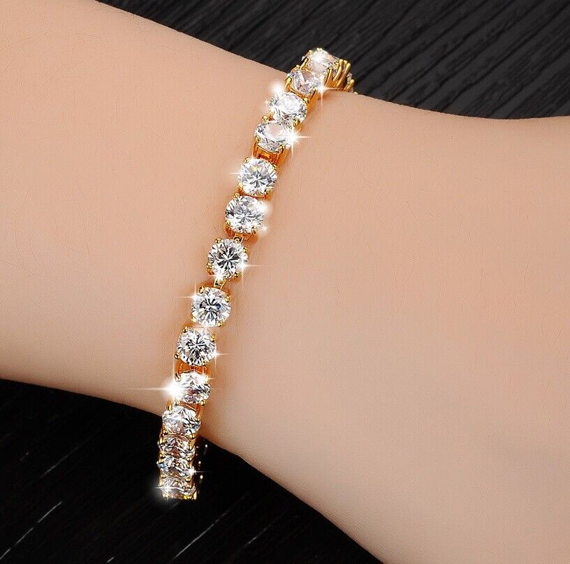 18k Yellow Gold Women's 5mm Link Chain ElegantCZ Tennis Bracelet w GiftPkg D695