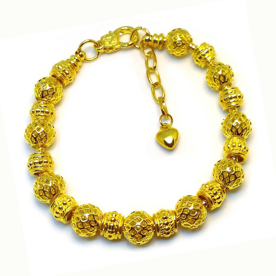 24k Yellow Gold Kids Teens Small 6-1/4" 9mm Bead Link Chain Bracelet  + GiftPg