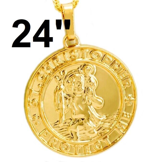 18k Yellow Gold Womens Saint Christopher Link Chain 24" Necklace D702B