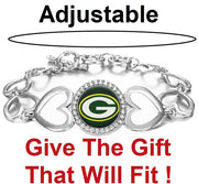 Green Bay Packers Womens Silver Heart Link Adjust. Bracelet W Gift Pkg D27