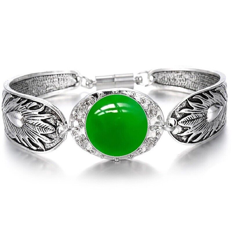 Burmese Green Jade Women's Sterling Silver Bracelet Bangle w Magnetic Clasp D3