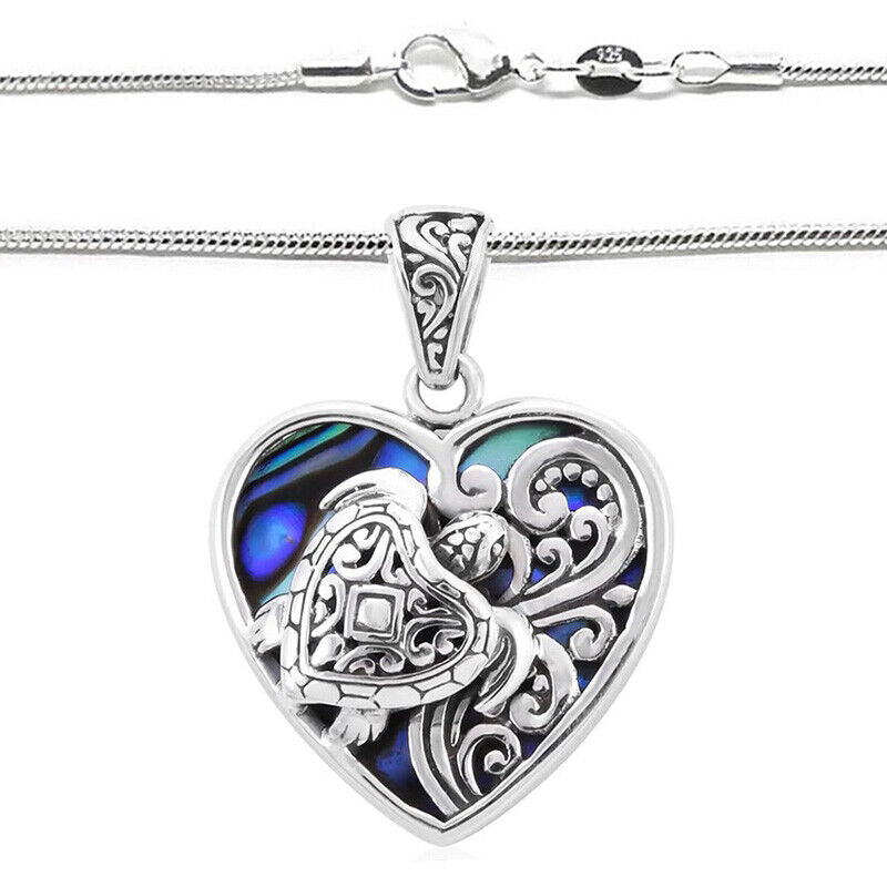 925 Sterling Silver Womens Abalone Healing Heart Snake Chain Necklace D855B