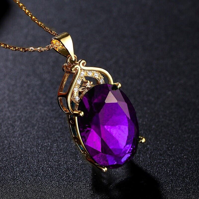 18K Gold Womens Chain RoseDeFrance Amethyst Pendant Necklace D302