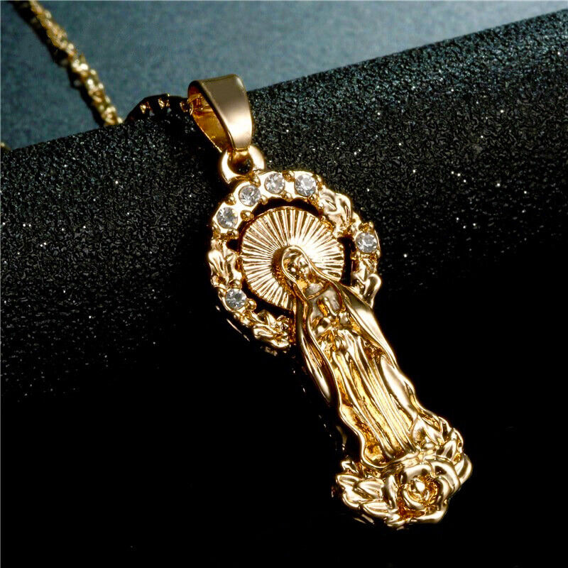 Womens 14k Yellow Gold Virgin Mary Señora Guadalupe Link Chain Necklace D652J