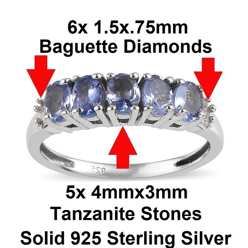925 Sterling Silver Womens Natural Tanzanite Diamond 11 Stone Band Size 5 Ring