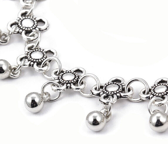 Silver Women's Dangle Beaded Link Chain Adjustable Anklet Ankle Bracelet D592
