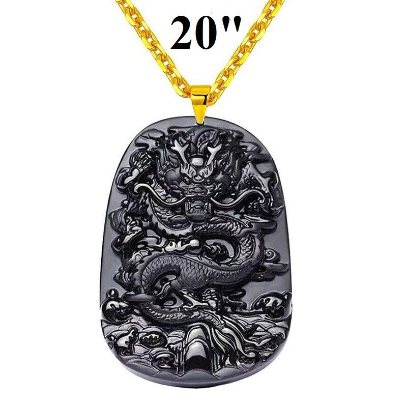 18K Gold 20" Necklace And Black Obsidian Mens Womens Dragon Pendant D918
