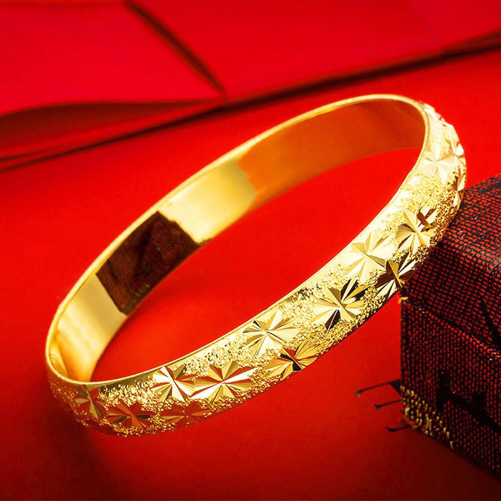 2 PcSet 18k Gold Womens Opening Bracelets Bangle 7" Starburst Cut Patterned D630