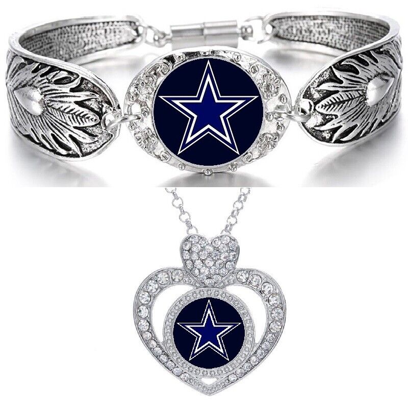 Valentines 2Pc Dallas Cowboys Gift Womens Sterling Silver Necklace Bracelet Set